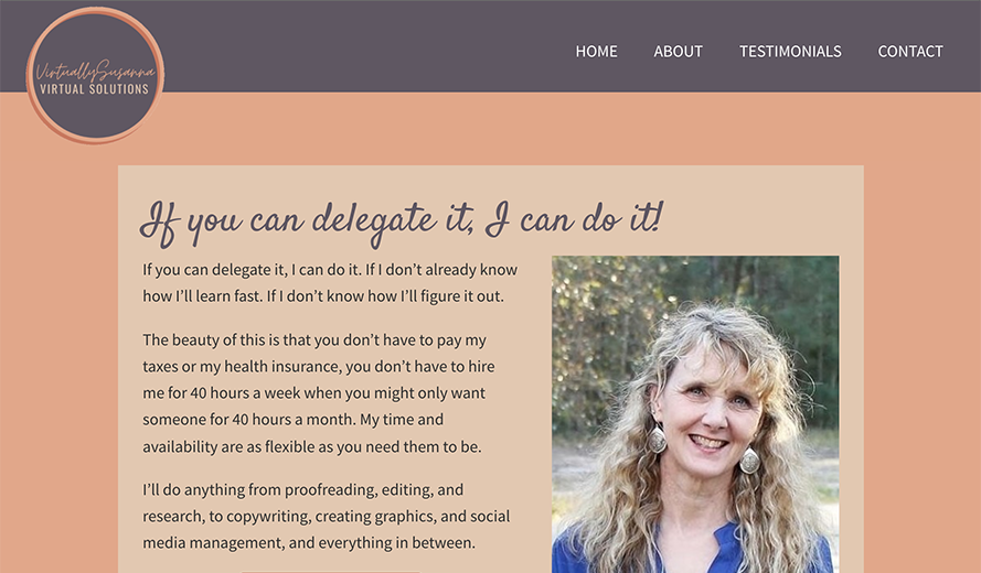Screenshot of Virtually Susanna Virtual Solutions website
